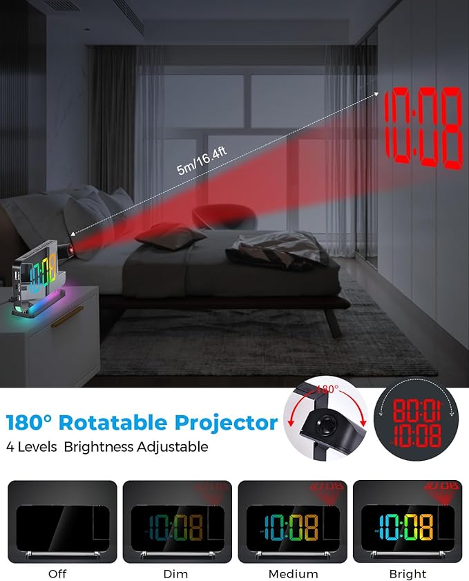 SZELAM Projection Alarm Clock, 7.4 in Digital Mirror Clocks,with 180° Rotatable Projector, RGB Night Light,USB C Charger Port, Auto Dimmer, LED Desk Clock for Bedroom - Black