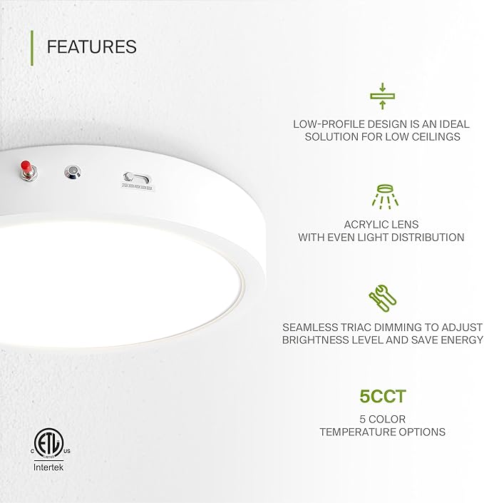 ASD LED 12" Round Flush Mount Ceiling Light Fixture, Low Profile Surface Lighting | 5CCT, Dimmable, Battery Backup, ETL Listed | 24W 2100LM 2700-6000K 120V | Kitchen, Hallway Lamp | White
