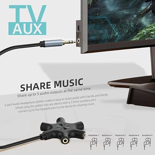 5-Jack Multi-Headphone Audio Splitter Injection Molding - Designed for Up to 5 Devices