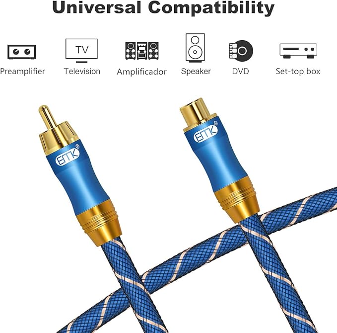 EMK Subwoofer Extension Cable(10ft/3m) Coaxial Male to Female Cable Gold Plated Copper Shell Heavy Duty Digital Coaxial Audio Cable Subwoofer Cable for Home Theater, HDTV, Amplifiers, Hi-Fi Systems
