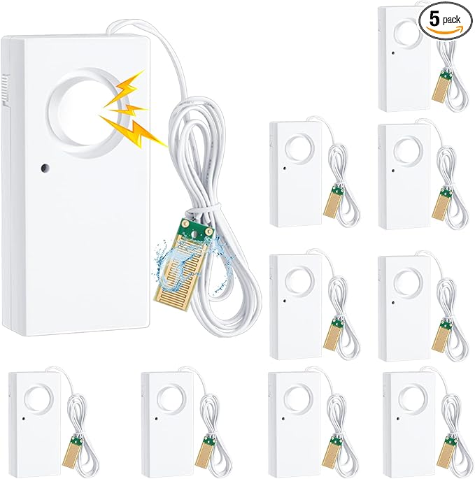 Hoteam 5 Pcs Water Sensor Alarm Leak Detector 120db Water Leak Alarm 9v Battery Flood Sensor Detector Overflow Security Alert for Home Basement Kitchen Garage Bath Tub Sink, White