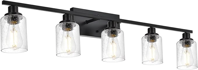 WINSHEN 40 Inches Length Black Bathroom Lighting Fixtures, 5-Light Modern Industrial Wall Sconce Vanity Light Fixture with Seeded Glass for Bedroom Over Mirror