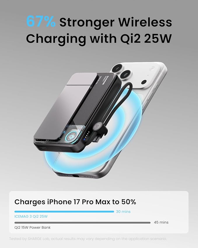 sharge ICEMAG 3 MagSafe Portable Charger, Qi2 25W Magnetic Power Bank 10000mAh 35W USB-C Fast Charging, with Active Cooling& Built-in Cable, Transparent RGB Design for iPhone 17/16/15/14 Series