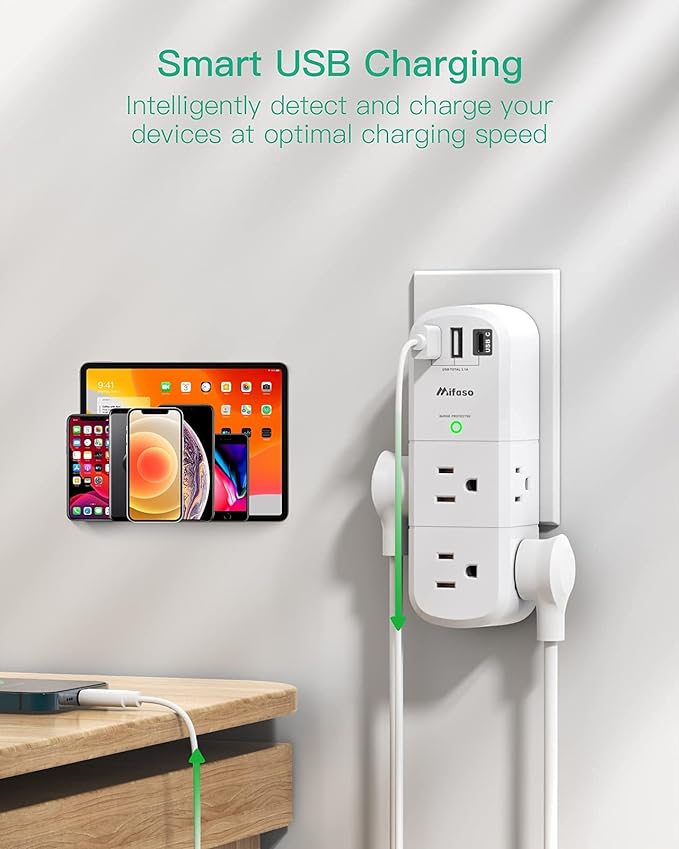Outlet Extender with Rotating Plug, Mifaso Surge Protector 6 AC Multi Plug Wall Outlets and 3 USB Ports, 1800 Joules, 3-Sided Swivel Power Strip Spaced Splitter for Home, Travel, Dorm Room Essentials