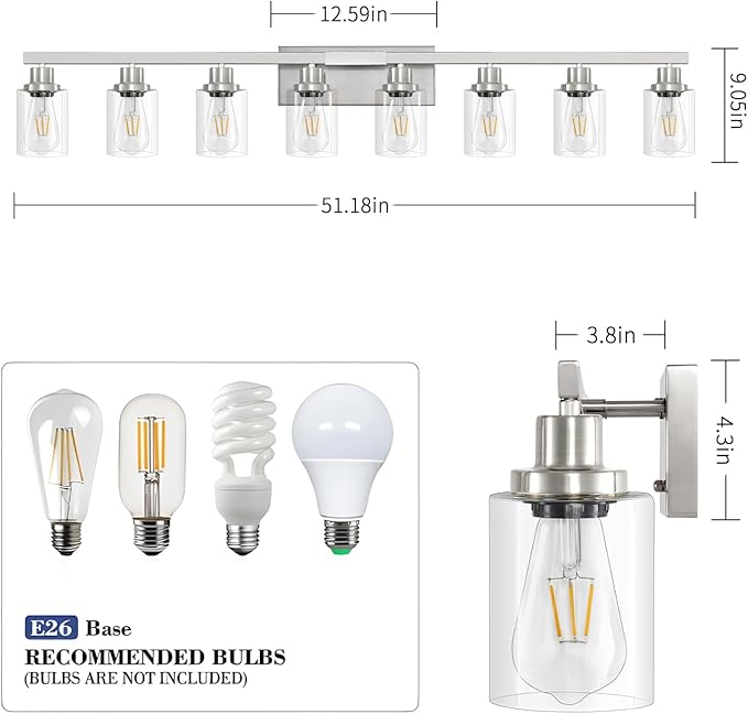 DIKAIDA 52inch Brushed Nickel Vanity Light Fixtures, 8 Light Brushed Nickel Bathroom Vanity Lights Over Mirror, Matte Nickel Modern Bathroom Wall Lighting for Mirror Bedroom,Living Room