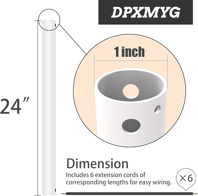 DPXMYG 24 inch Ceiling Fan Downrod with Extension Cord, 2 FT White Downrod for Ceiling Fan, 1 inch Outside Diameter, Ceiling Fan Boom Suitable for a Wide Range of Fans (White, Not Threaded)