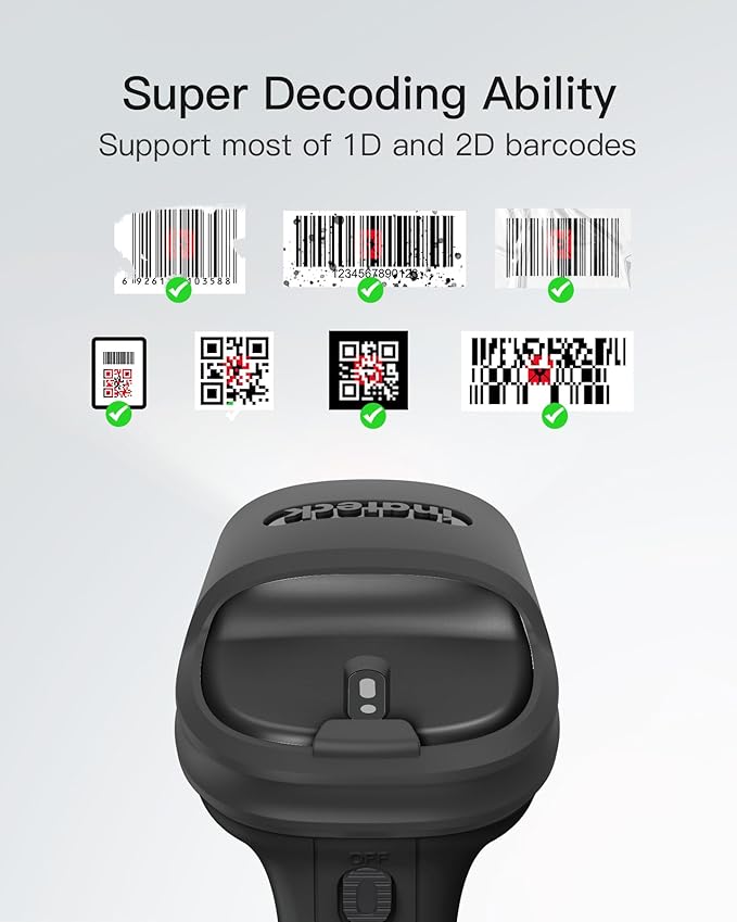 Inateck 2D Barcode Scanner, Wireless Bluetooth QR Code Scanner with AI APP & SDK, 180-Day Battery Life, Fast & Accurate Scanning, Compatible with iOS/Android/Windows
