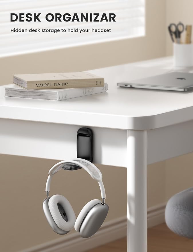 Lamicall Headphone Stand, Sticky Headset Holder - [Foldable & Compact] Headphone Holder Hook Mount, Adhesive Hanger Clip Under Desk, Earphone Clamp for Airpods Max, HyperX, Sennheiser, Black