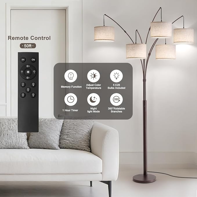 Fansdrick Dimmable Floor Lamp - Arc Floor Lamps for Living Room, 4000LM Super Bright Modern Tall Standing Lamp with Black Shades & Heavy Base, Mid Century Tree Floor Lamp for Bedroom Office