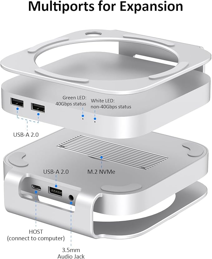 Akkyajaure 40Gbps USB4 Hub & Stand for Mac mini M4/M4 Pro, All-Aluminum Docking Station with 40Gbps M.2 SSD (NVMe PCle) Enclosure, 3*USB 2.0, 3.5mm Audio, USB4 Host | Mac mini M4 USB-4 Dock