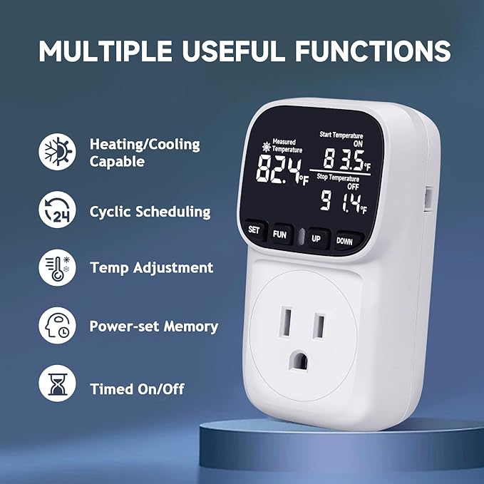COMYAN Temperature Controlled Outlet with 16.4ft & 6.5ft 2 Probes, Reptile Thermostat 15A 1800W Digital Thermostat, Heating Cooling Timer with Cyclic Timing/Countdown, -40℉~210℉ for Reptile Incubator
