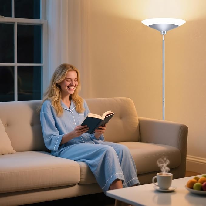 SIBRILLE Silver Torchiere Floor Lamp - 30W Dimmable LED Standing Lamp with Remote/Button Control, 1800Lm, 3000-6500K, 72in Bright Standing Pole Light for Living Room Bedroom Office Corner