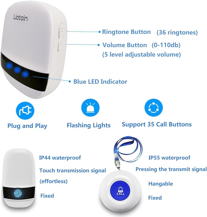 LIOTOIN Caregiver Pager Wireless Alert System - 2 Call Buttons, 2 Receivers, 600+ft Range, Nurse/Patient Alert