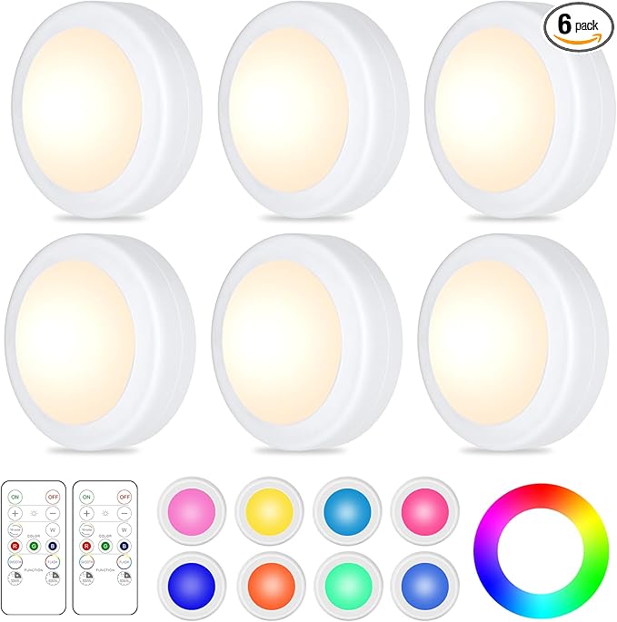 Yiliaw 6 Pack LED Puck Lights Remote Control 16 Color Changeable Under Cabinet Lights, Battery Operated Lights Night Light with Dimmer & Timmer for Closet Bedroom Kitchen, White