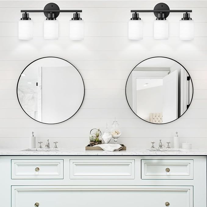 Guliaofo 3-Light Bathroom Light Fixtures, Black Vanity Lights for Mirror with Textured Milky White Glass Shade, E26 Base Modern Kitchen Light Fixtures Wall Sconce Light
