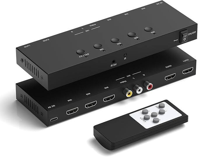 RuiPuo 4In to 2Out HDMI/AV Switch (1 AV Input+3 HDMI 2.0 Inputs) RCA to 2Port HDMI Converter for PS1/2/3/4/5, N64, SNES, Switch, DVD, Roku etc.