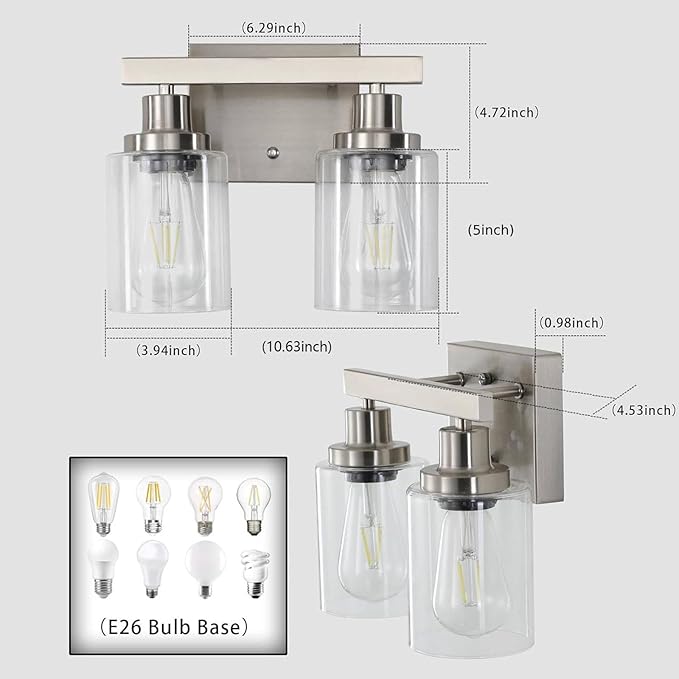 DIKAIDA Bathroom Vanity Light, 2-Light Nickel Modern Matte Wall Sconce Lighting with Clear Glass Shade, Wall Lights,Bath Vintage Wall Mounted Lamps for Mirror Bedroom Living Room