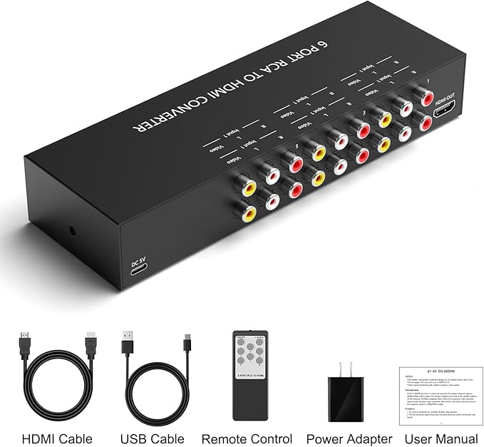 Dingsun 6Port AV to HDMI Converter, Will Convert Input Analog Aignals to a Digital Output Signal, Built-in 16:9/4:3 Adjustment, Perfect for Old Video Game Systems,PS,WII,Xbox,DVD,VHS(with Remote)