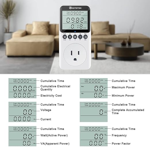 KETOTEK Watt Meter Plug-in Socket Power Meter, Kilowatt Wattage Voltage Tester, Home Electricity Usage Monitor with Overload Protection, LCD Display Energy Voltage Amps Power Consumption Monitor