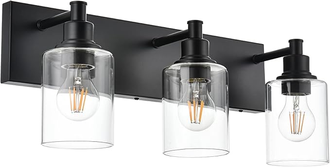 TODOLUZ Industrial Wall Sconce Lighting in Matte Black Finish, 3-Light Bathroom Vanity Light Fixtures with Clear Glass Shades (E26 Bulb Base)