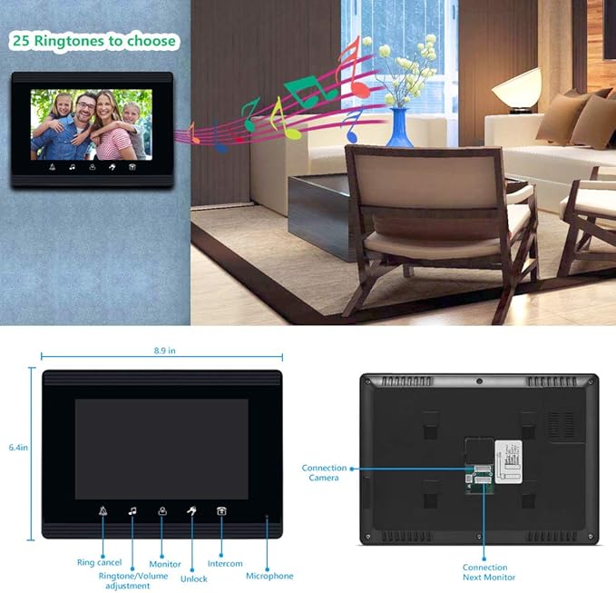 AMOCAM Video Intercom System, 7 Inches Monitor Wired Video Door Phone Doorbell Kits, Indoor Outdoor IR Camera Support Unlock, Monitoring, Dual-Way Intercom for Villa House Office Apartment