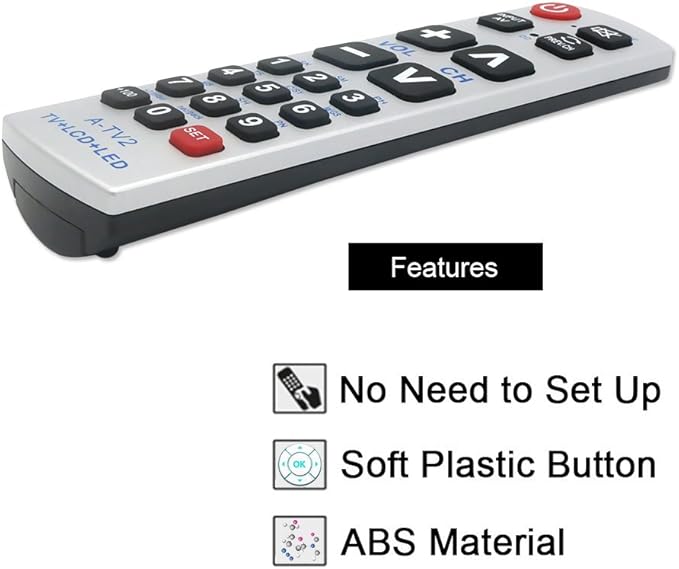 LuckyStar Big Button Universal Remote Control A-TV2, Initial Setting for Lg, Vizio, Sharp, Zenith, Panasonic, Philips, RCA - Put Battery to Work, No Program Needed