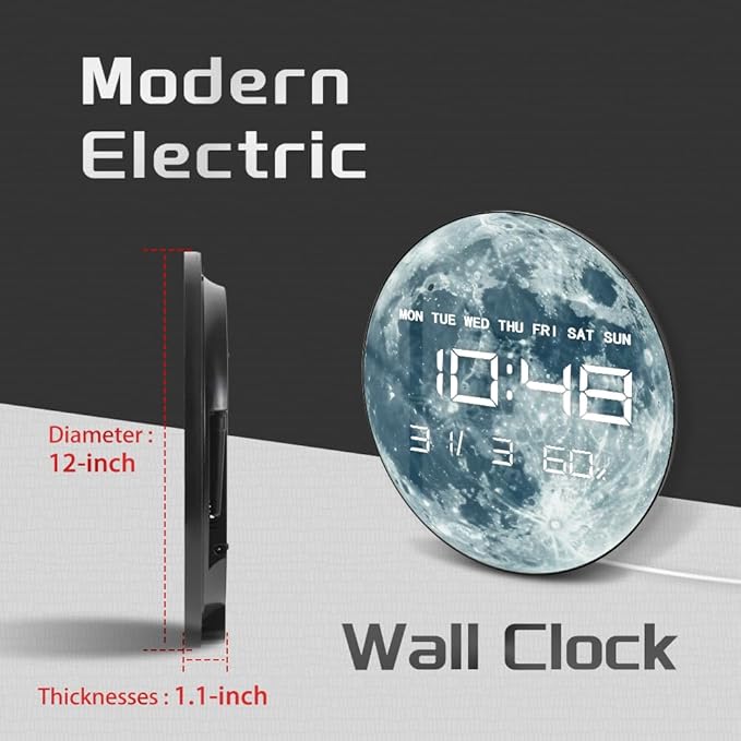 Timethink 12'' Full Moon Digital Wall Clock with LED Display, Lunar Moonlight LED Electric Wall Clock Calendar & Temperature, Automatic Dimming, 12/24hr Format, Wall & Desk Use for Bedroom Living Room