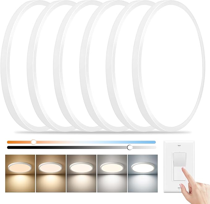6PK 15.8 Inch Dimmable LED Flush Mount Ceiling Light, 32W, 3480LM, 2700K/3000K/4000K/5000K/6000K, Round Flat Panel Low Profile Ceiling Light Fitures for Hallway, Kitchen, Bedroom, White