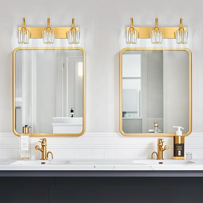 FDPBY Modern Bathroom Vanity Light, 3-Light Gold Wall Sconce with Crystal Accents, Over Mirror Bathroom Lighting Fixture, 23.62" Long Dimmable Vanity Lamp for Makeup, Easy Installation