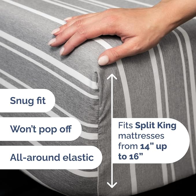 Split Head King Sheet Set – 4 Piece Flex Split Top King Sheets for Adjustable Beds - Fits 14” to 16" Mattress w/ Deep Pockets - Breathable & Cooling - Luxury Bedding and Wrinkle Free - Grey Stripes 3