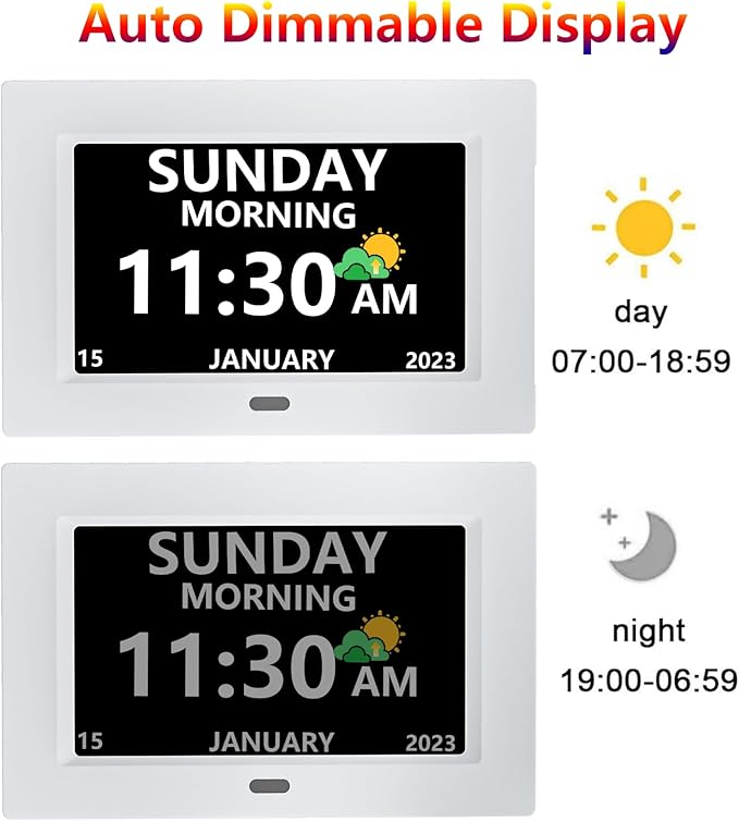 MRCHYDZ 7 Inch Clock with Day and Date for Elderly Large Display Digital Clocks 12 Alarm 3 Display Modes Large Font Alzheimer's Clock Alarm Clocks for Seniors Auto DST White