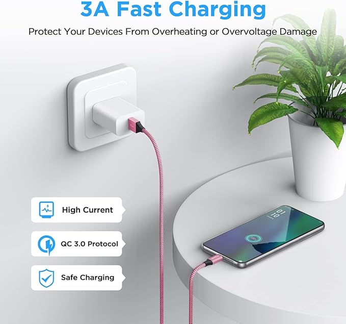 etguuds USB A to USB C Cable 6.6ft, 2-Pack, 3A Fast Charging Type C Charger Cord for iPhone 17 16 15 Pro Max 16e 17 Air, Samsung Galaxy S25 S24 S23 S22 S21 S20 A17 A16 A56 A55 Flip Fold, Pink
