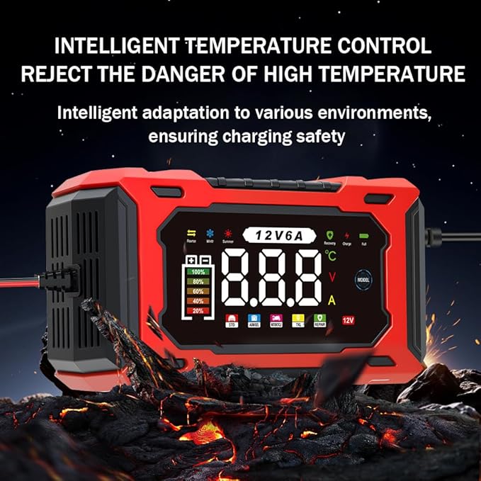 6-Amp 12V Smart Car Battery Charger, Battery Maintainer Trickle Charger with Desulfator, Pulse Repair & Overcharge Protection - for Car Lawn Mower Marine Lead-Acid Batteries (Red)