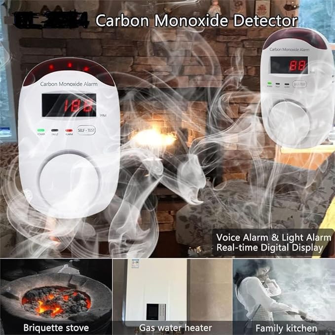 Carbon Monoxide Detector Insertion, Vzmcov CO Detector, LED Display Screen Voice Alarm, Suitable for Home Kitchen, Office, Hotel Garage, Living Room, Bedroom -1 Package (co, 2 of Them)