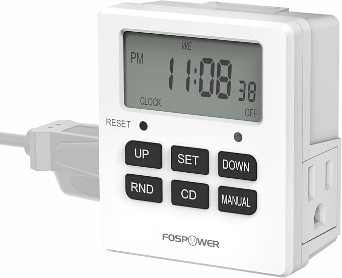 Fospower 7 Day Digital Timers for Electrical Outlets Indoor, Heavy Duty Dual Programmable Outlet Light Timer Switch, Electric Power Wall Timer for Grow Light, Appliance, Lamp, 3 Prong, Grounded