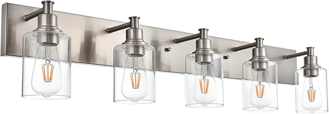 TODOLUZ 5-Light Vanity Light Fixture in Brushed Nickel, Clear Glass Bathroom Light Over Mirror, Modern Wall Sconce Lighting for Living Room