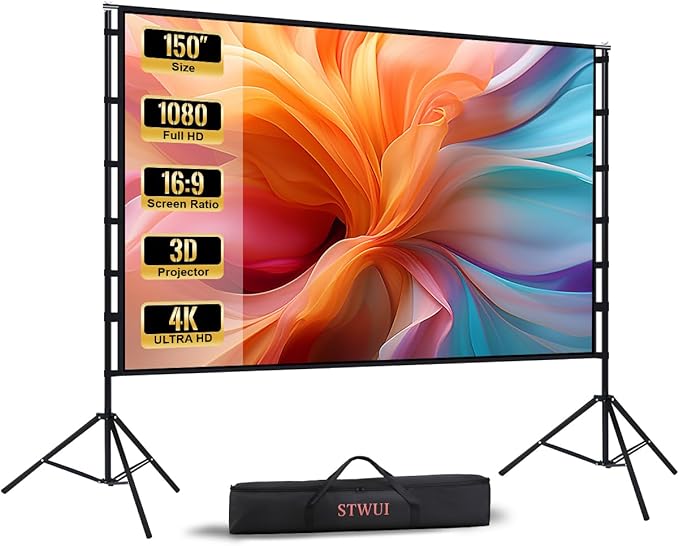 STWUI Projector Screen with Stand - 150 Inch Portable Projector Screens Outdoor Indoor Projector Screen 16:9 4K HD Outdoor Movie Screen with Carry Bag,Enioy Home Theater Projection Screen