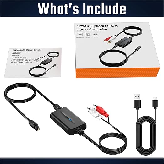 192kHz DAC Digital to Analog Audio Converter 7ft/2.1m Digital Audio Optical to RCA Cable SPDIF to RCA Converter with Built-in Audio Amplifier Chipset for HDTV, DVD, Blu-Ray Players
