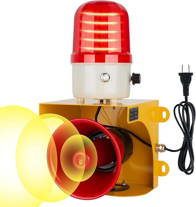 kbaoele AC110V Industrial Siren Alarm Strobe Light-120dB Loud Horn&Waterproof Red Beacon Warning Light for Emergency,Factory,Fires,Tornado,Intruder Deterrent (with Switch&Volume – Adjustable 0–120dB)