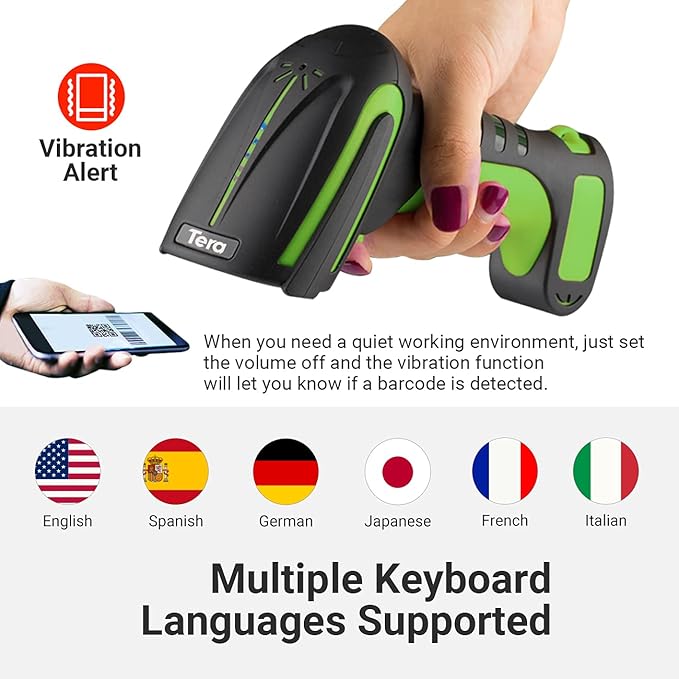 Tera Pro (Extreme Performance) Industrial Wireless Barcode Scanner 2D QR 1D Bar Code Reader 2.4G Wireless 2500mAh Compatible with Bluetooth Drop Resistant for Windows Mac Android iOS Model 8100 Green