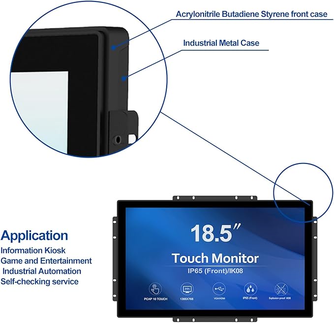 GreenTouch 18.5 Industrial Touch Monitor Open Frame, HDMI/VGA/DVI Interface, Built-in Speakers, Capacitive Touch Screen Technology