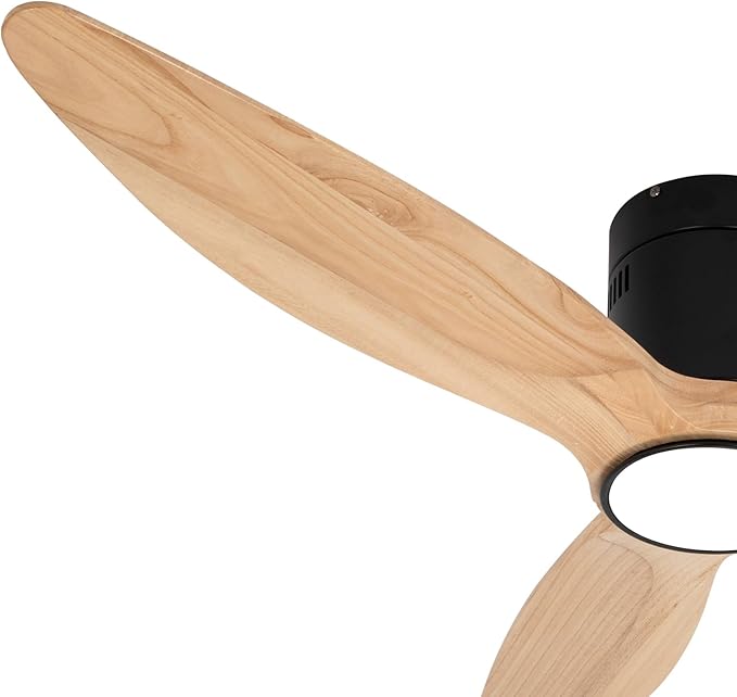 OUATER Wood Flush Mount Ceiling Fan with Light,52 inch Low Profile Modern Ceiling Fans for Outdoor/Patios/Bedroom/Office,3 color light,6 Speed,DC Motor,Wood and Modern Matte Black