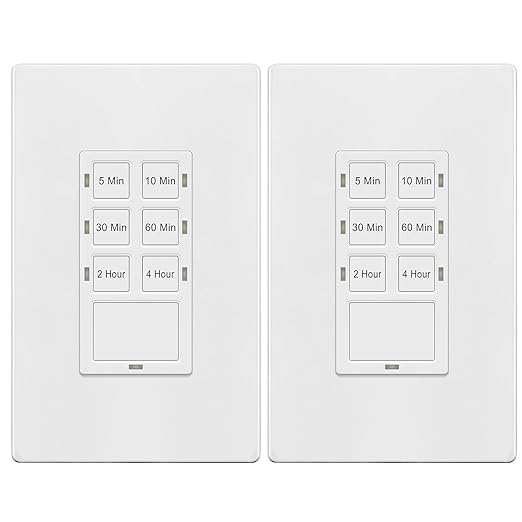 TG 4 Hour No Neutral Wire Countdown Timer Switch, 5-10-30-60 Min, 2-4 Hour, for Bathroom Fans, Heaters, Lights, LED Indicator, 120VAC 800W, UL Listed, Screwless Wall Plate, 2 Pack
