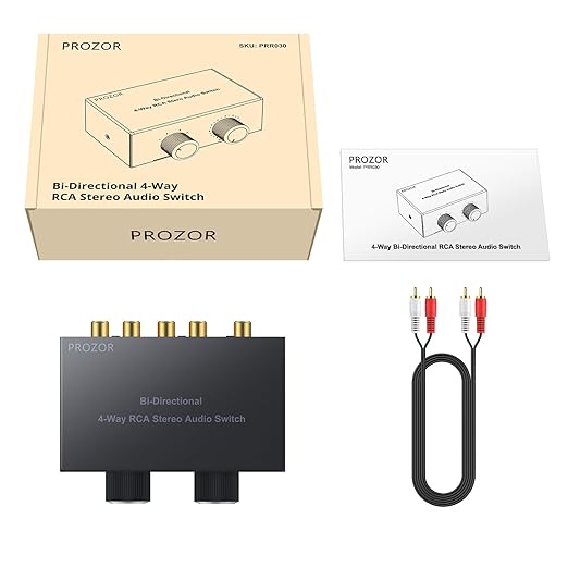 PROZOR RCA Switch 4 Way Bi-Directional RCA Splitter with Volume Control and Switch Button, R/L Audio Selector with No Power Supply Needed for DVD Stereo Speaker CD Player