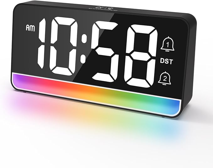 Alarm Clocks for Bedrooms, Digital Bedside Clock with RGB Night Light, Adjustable Volume for Heavy Sleepers, USB Charger, Large Display, Modern Decor for Desk, Dimmable Alarm Clock for Kids(Black)
