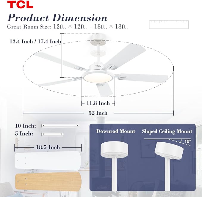 TCL Ceiling Fans with Lights, 52 Inch Ceiling Fan with Light and Remote Control, Reversible DC Motor, Noiseless, Dimmable 36W LED, Modern Ceiling Fan for Bedroom Living Room (White)