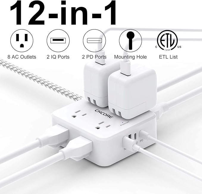 5Ft Flat Plug Braided Extension Cord - CHCORE Surge Protector Power Strip with 8 Outlets and 2 USB-C (PD 30W) Fast Charging Ports and 2 USB-A Ports for Home, Office, Dorm Room Essentials, ETL, White