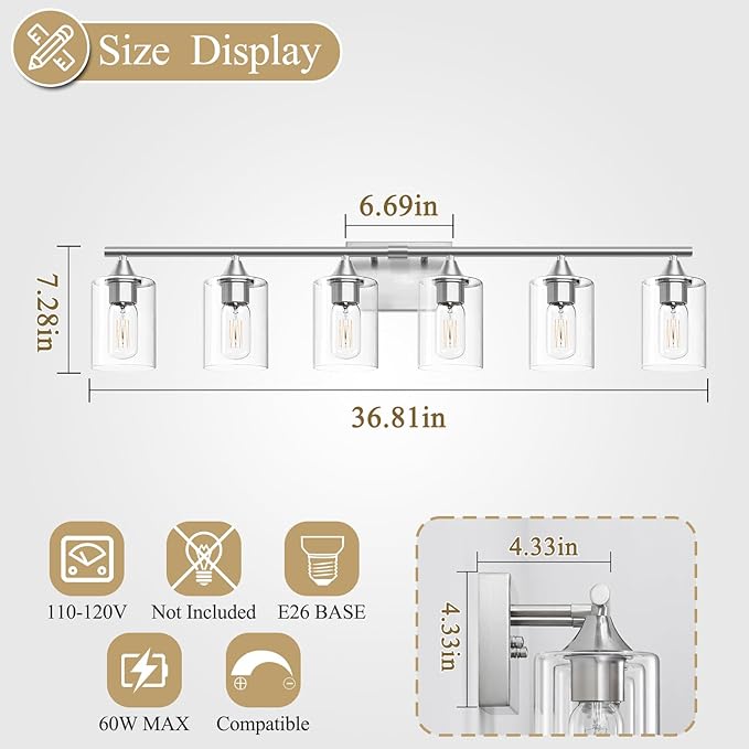 XPEHK 6-Light Bathroom Lighting Fixtures Over Mirror,Brushed Nickel Light Fixture Bathroom,Vanity Light with Clear Glass Shade,Modern Wall Lights for Mirror Bedroom Living Hallway