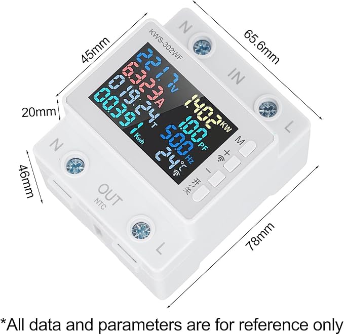 LCD Digital Energy Meter, Single Phase Energy Meter, Din Rail Electricity Usage Monitor, Power Usage Monitor AC170V~270V Power Voltage Meter(KWS-302WF)