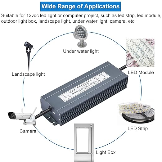 LLTOP LED Driver 300 Watts Waterproof IP67 Power Supply 90-130V AC to 12V DC 25A Low Voltage Transformer Converter Power Adapter for Indoor Outdoor LED Lights